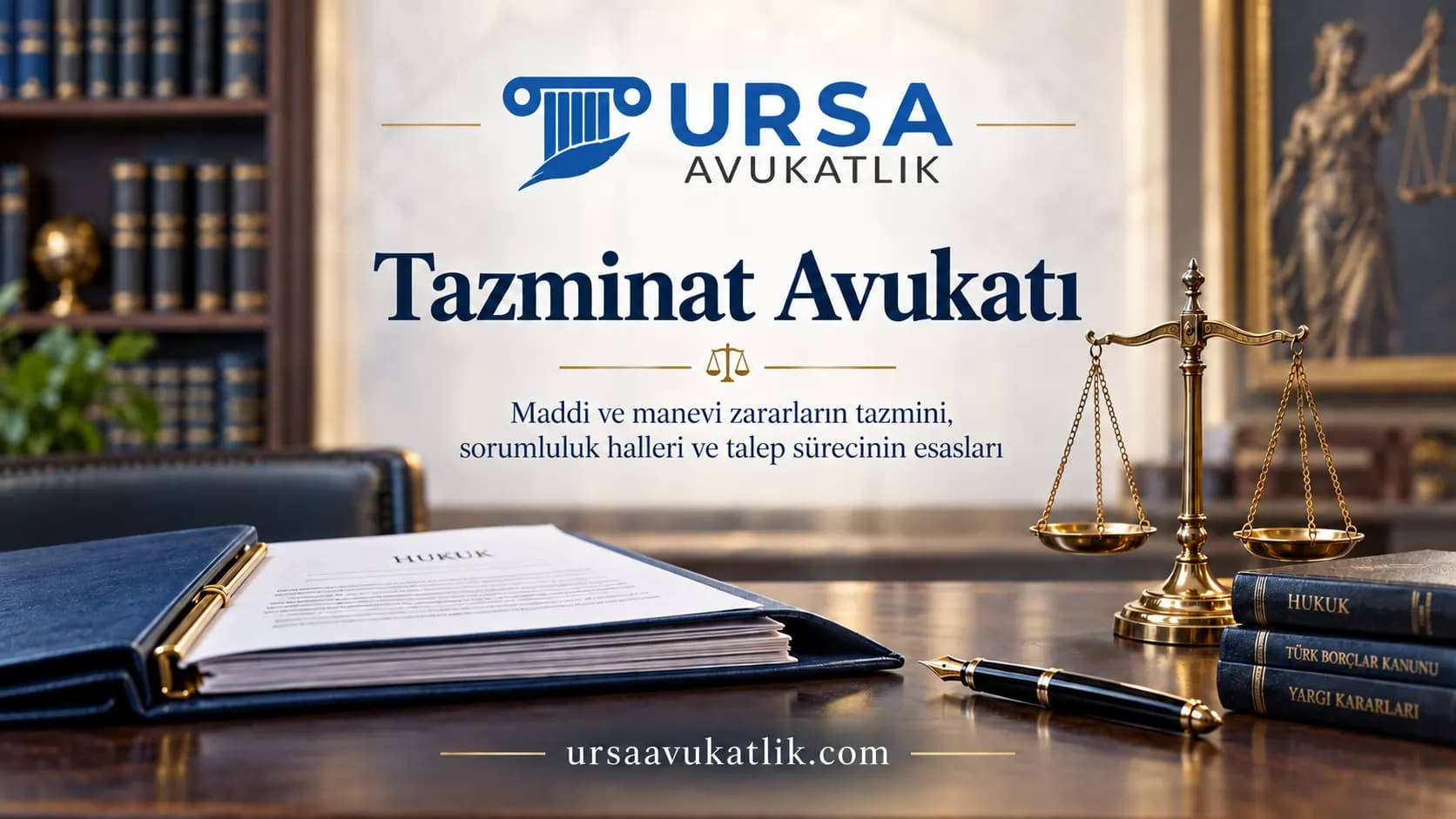 Hukuk dosyası, adalet terazisi ve kanun kitaplarıyla avukat çalışma masası