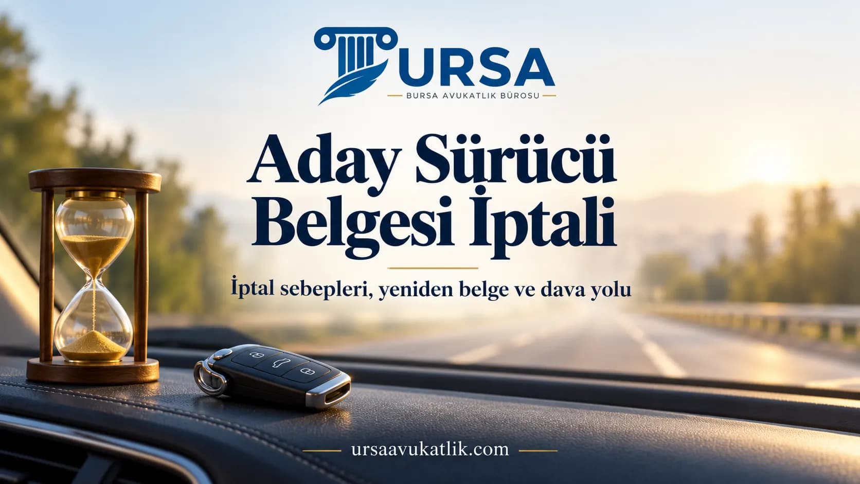 Otomobil torpidosunda kum saati ve yeni araç anahtarı ile aday sürücü belgesinin iptalini simgeleyen kapak görseli