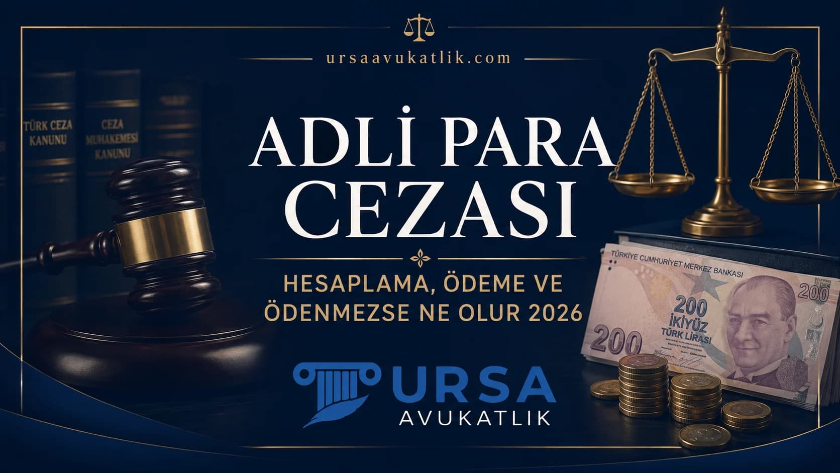Adli para cezası konulu kapak görseli: tokmak, madeni paralar ve ceza belgesi
