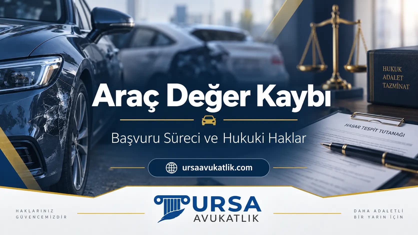 Araç değer kaybı kapak görseli: hasarlı araç, hasar tespit tutanağı ve adalet terazisi