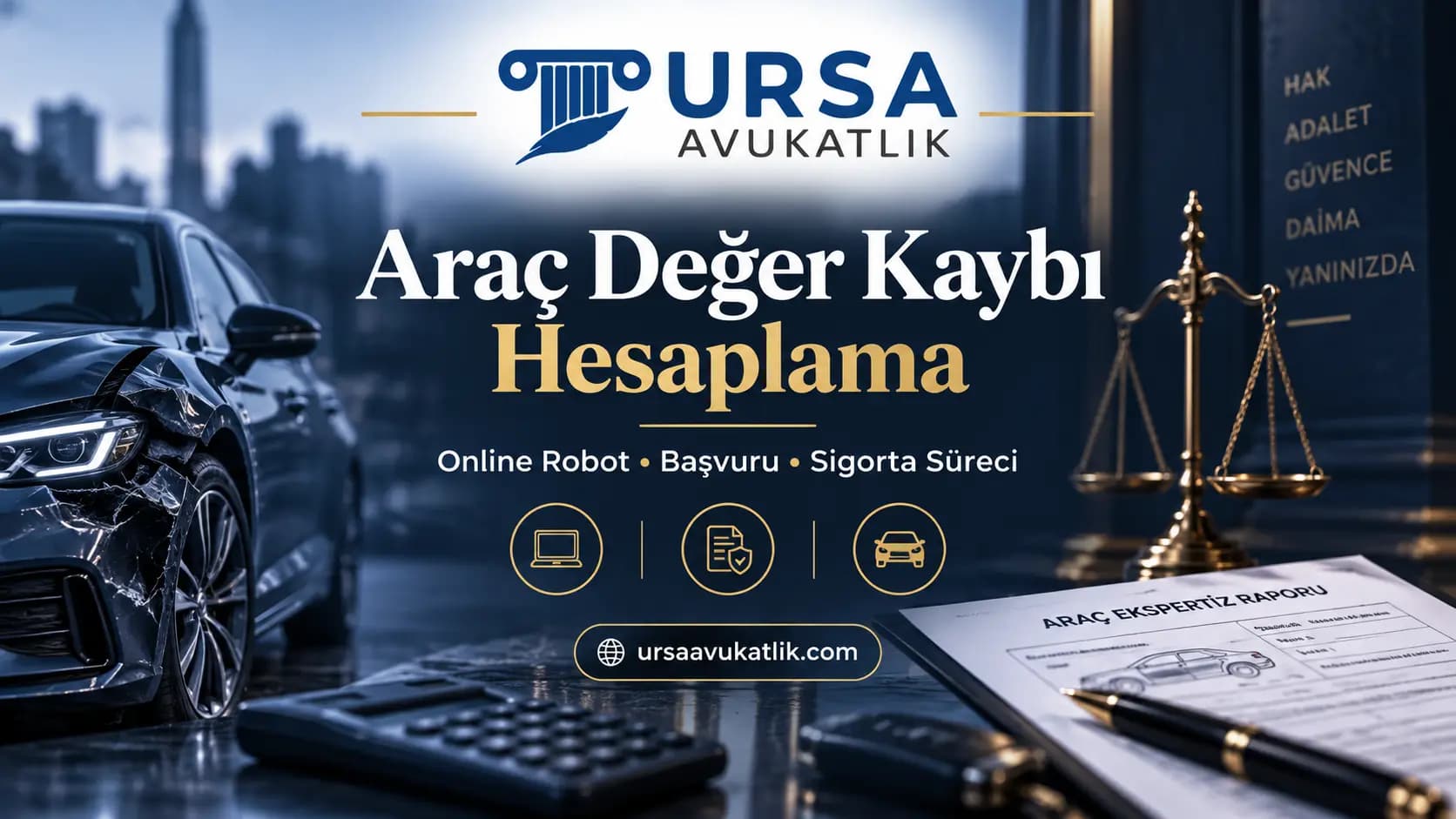 Araç değer kaybı hesaplama kapak görseli: hasarlı araç, hesap makinesi, araç ekspertiz raporu ve adalet terazisi