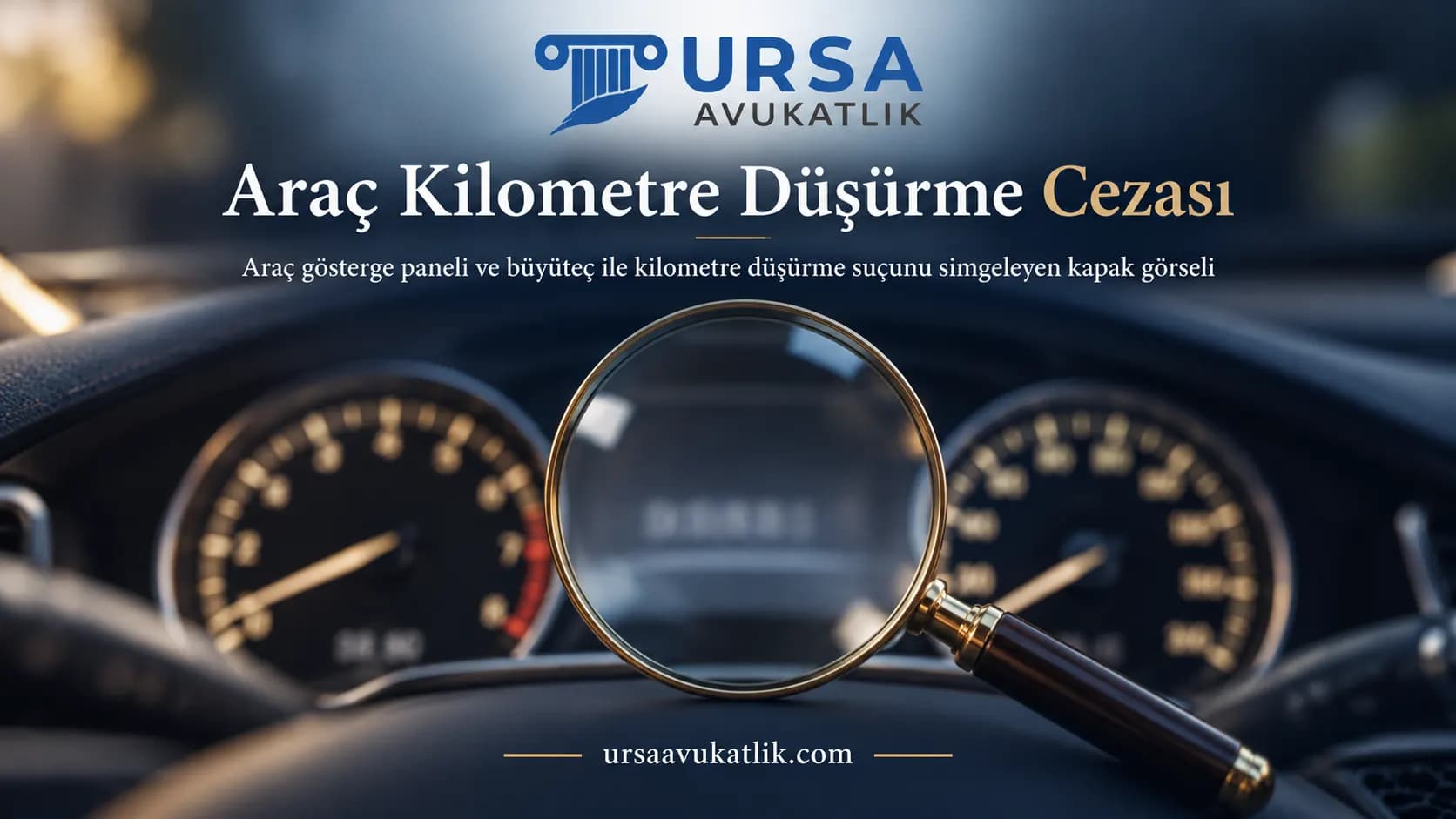 Araç gösterge paneli ve büyüteç ile kilometre düşürme suçunu simgeleyen kapak görseli