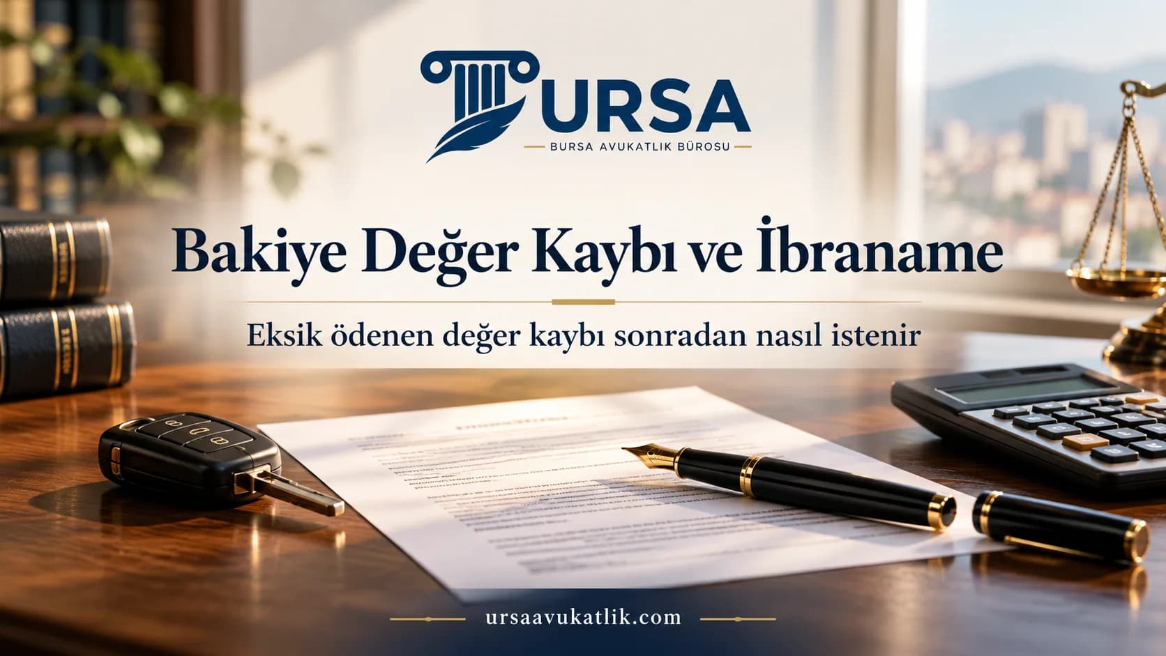 Belge, kalem ve araç anahtarı ile ibraname sonrası bakiye değer kaybı talebini simgeleyen kapak görseli
