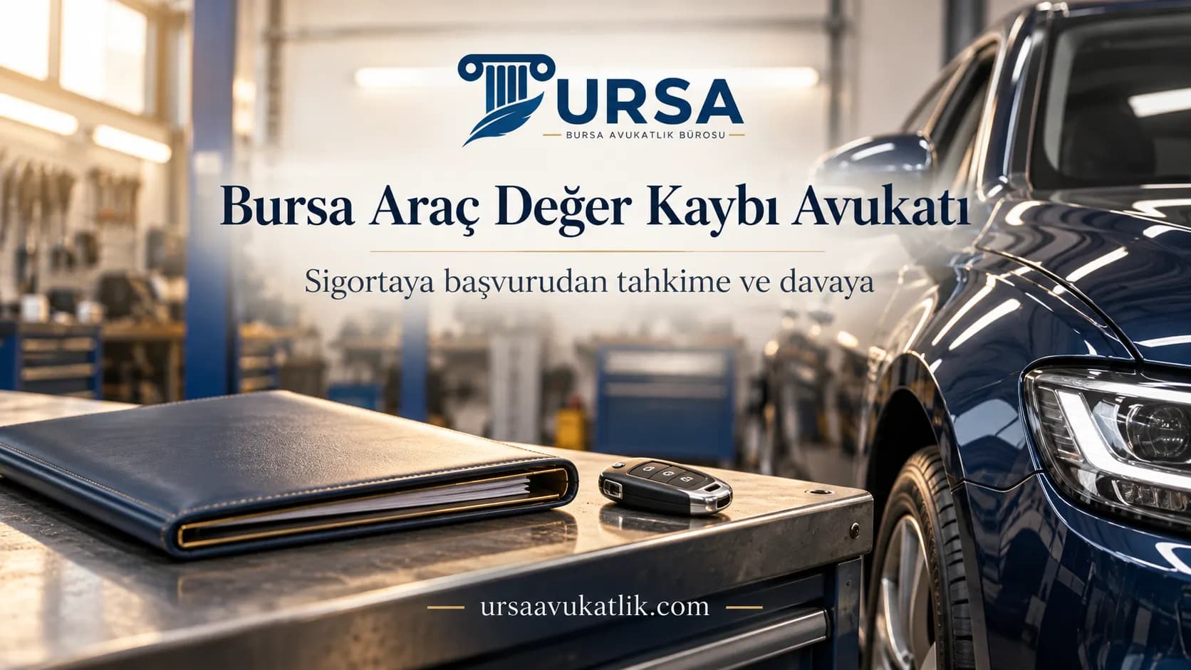 Onarılmış otomobil çamurluğu ve eksper klasörü ile araç değer kaybı talebini simgeleyen kapak görseli