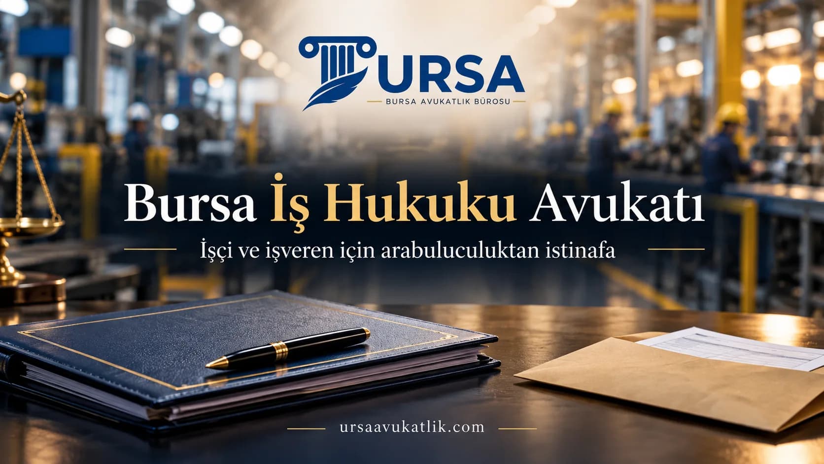 Fabrika üretim hattı önünde dosya ile iş hukuku uyuşmazlıklarını simgeleyen kapak görseli