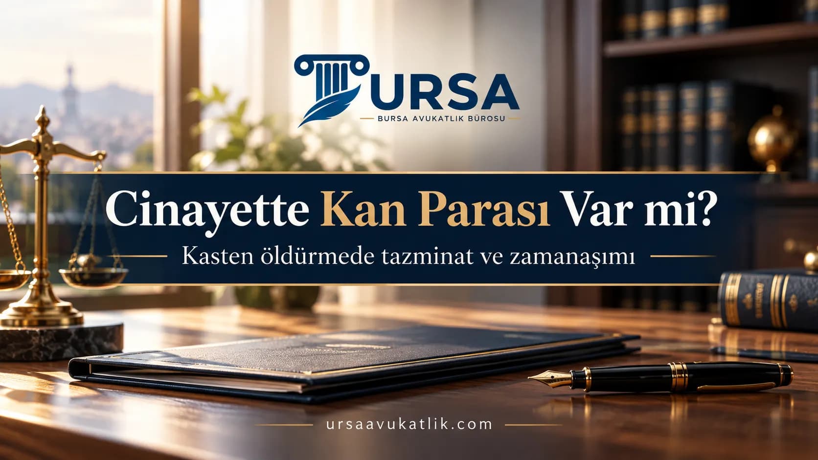 Kapalı dosya ve kalem bulunan sakin bir masa ile kasten öldürmede yakınların tazminat hakkını simgeleyen kapak görseli