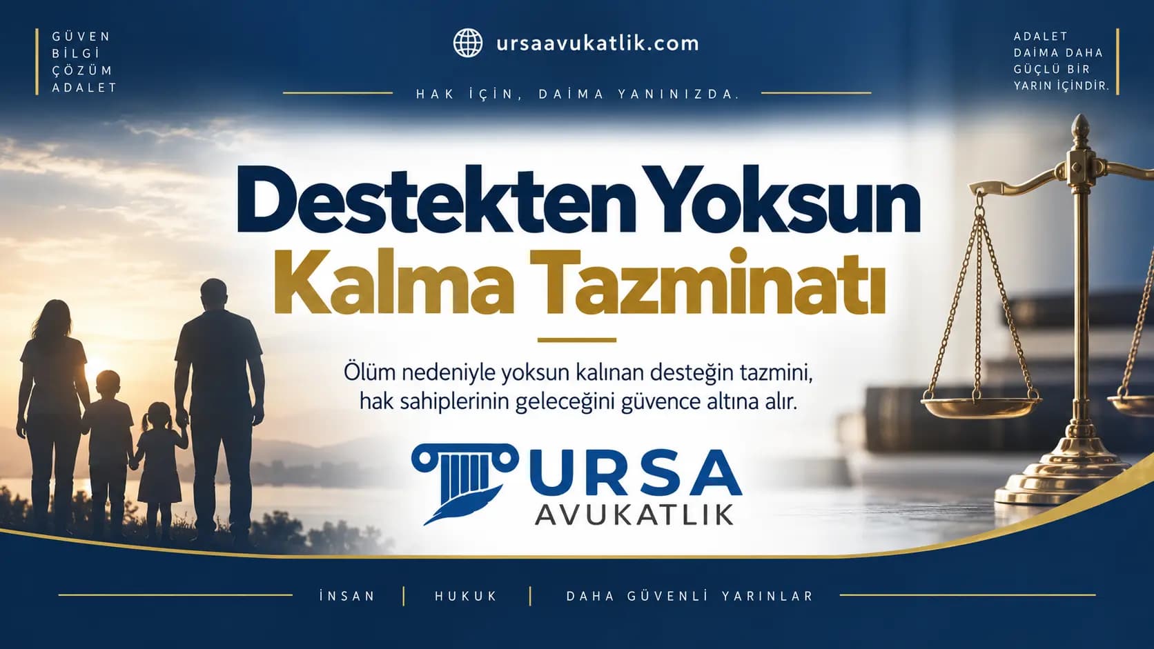 Destekten yoksun kalma tazminatı kapak görseli: gün batımında el ele bir aile silueti ve adalet terazisi
