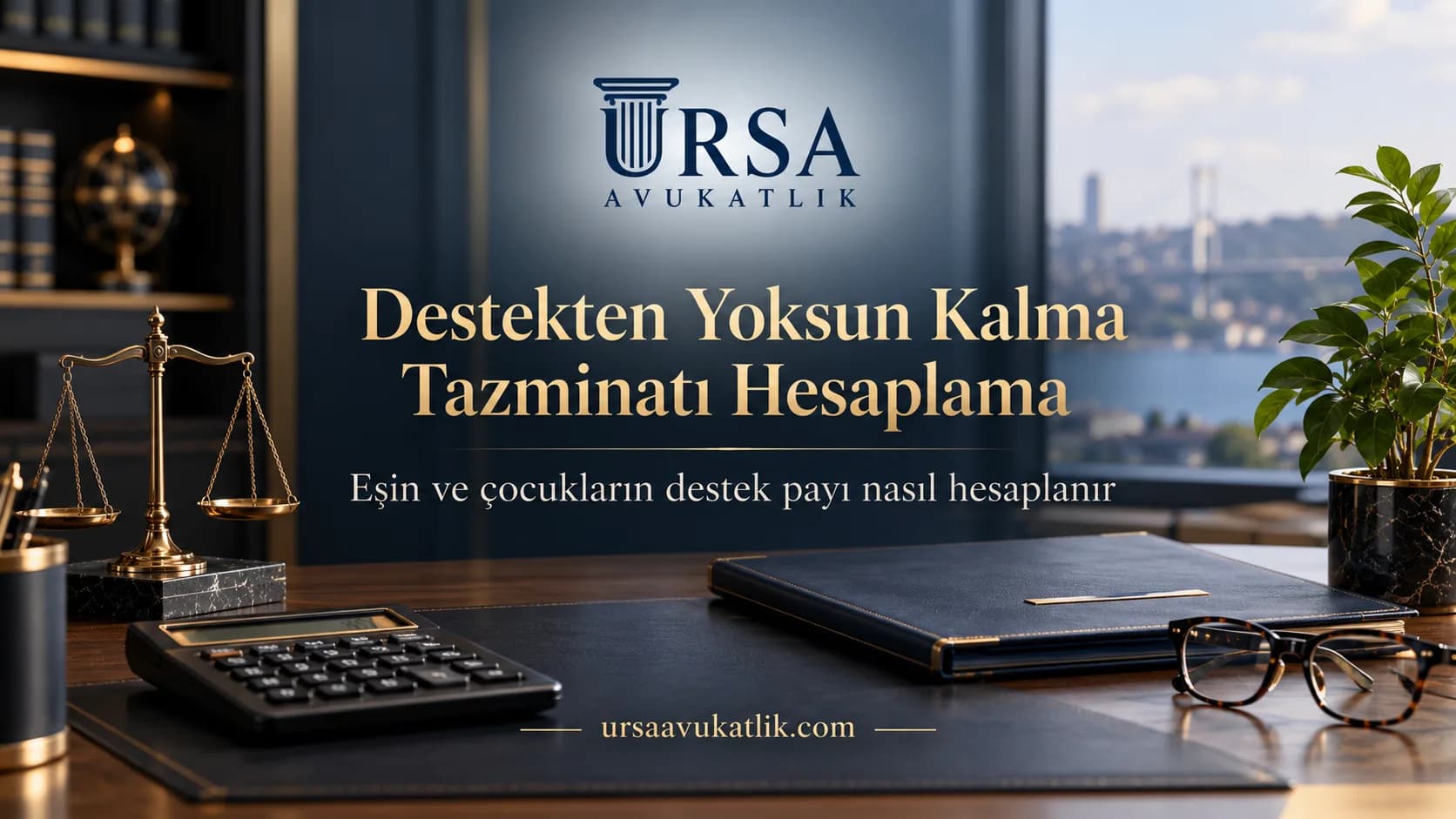 Hesap makinesi ve dosya ile destekten yoksun kalma tazminatı hesabını simgeleyen kapak görseli