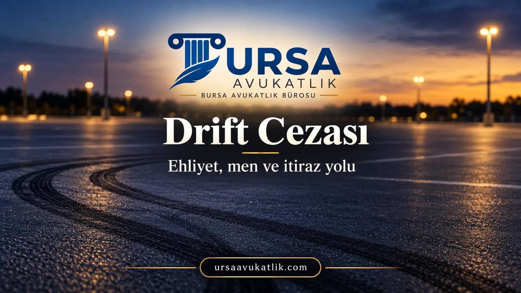 Alacakaranlıkta boş otopark asfaltında kıvrımlı lastik izleri ile drift cezasını simgeleyen kapak görseli