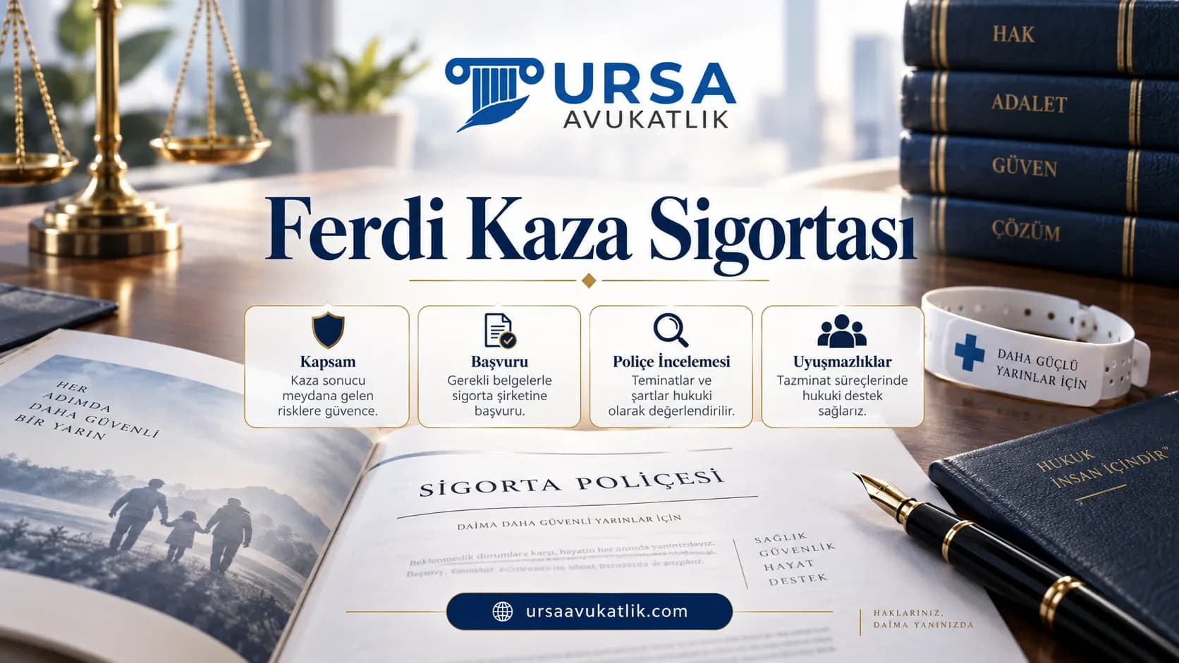 Sigorta poliçesi ve hastane bilekliği ile ferdi kaza sigortasını simgeleyen kapak görseli