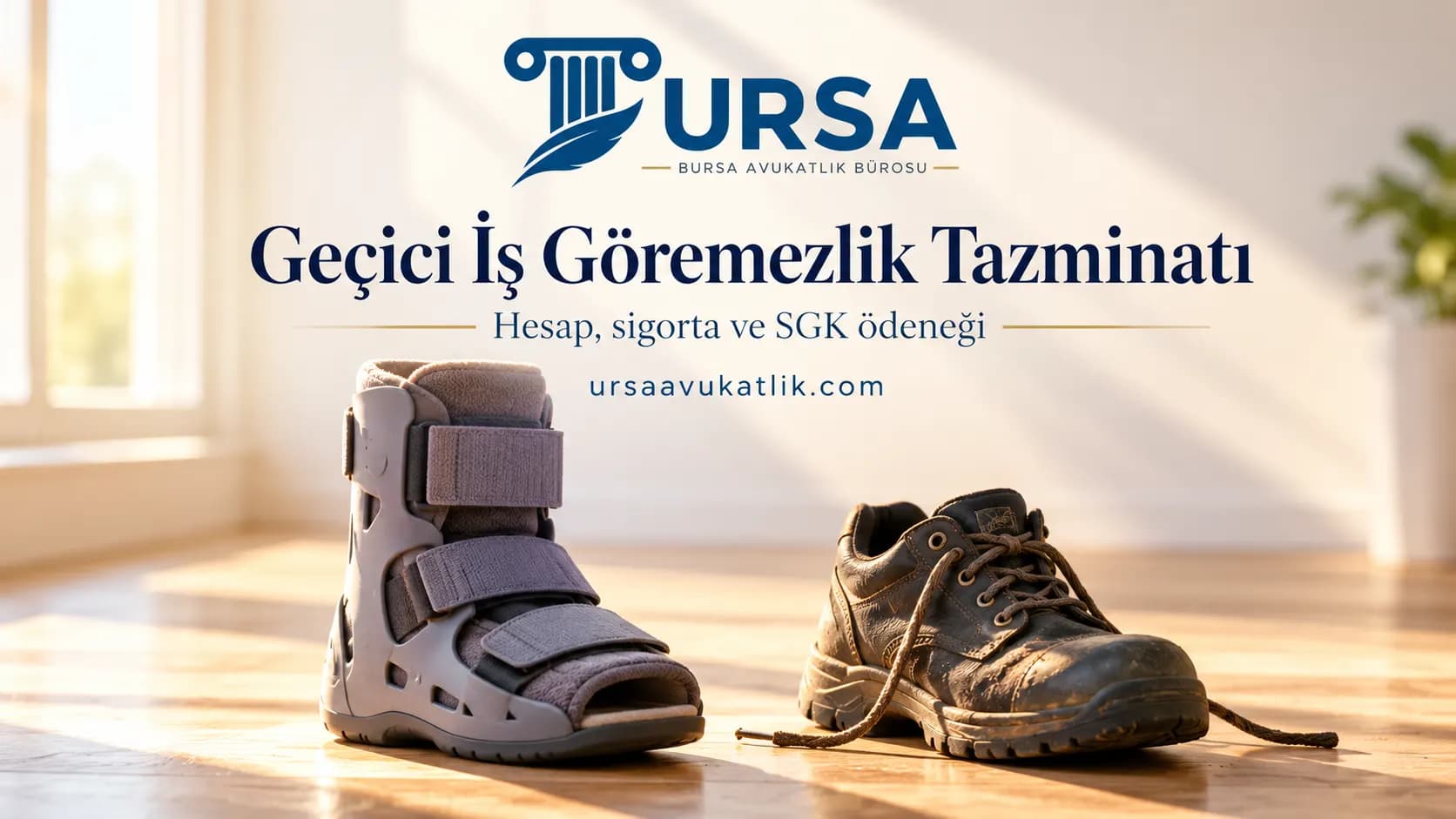 Pencere önünde yan yana duran ortopedik bot ve iş ayakkabısı ile iyileşme süresindeki kazanç kaybını karşılayan geçici iş göremezlik tazminatını simgeleyen kapak görseli