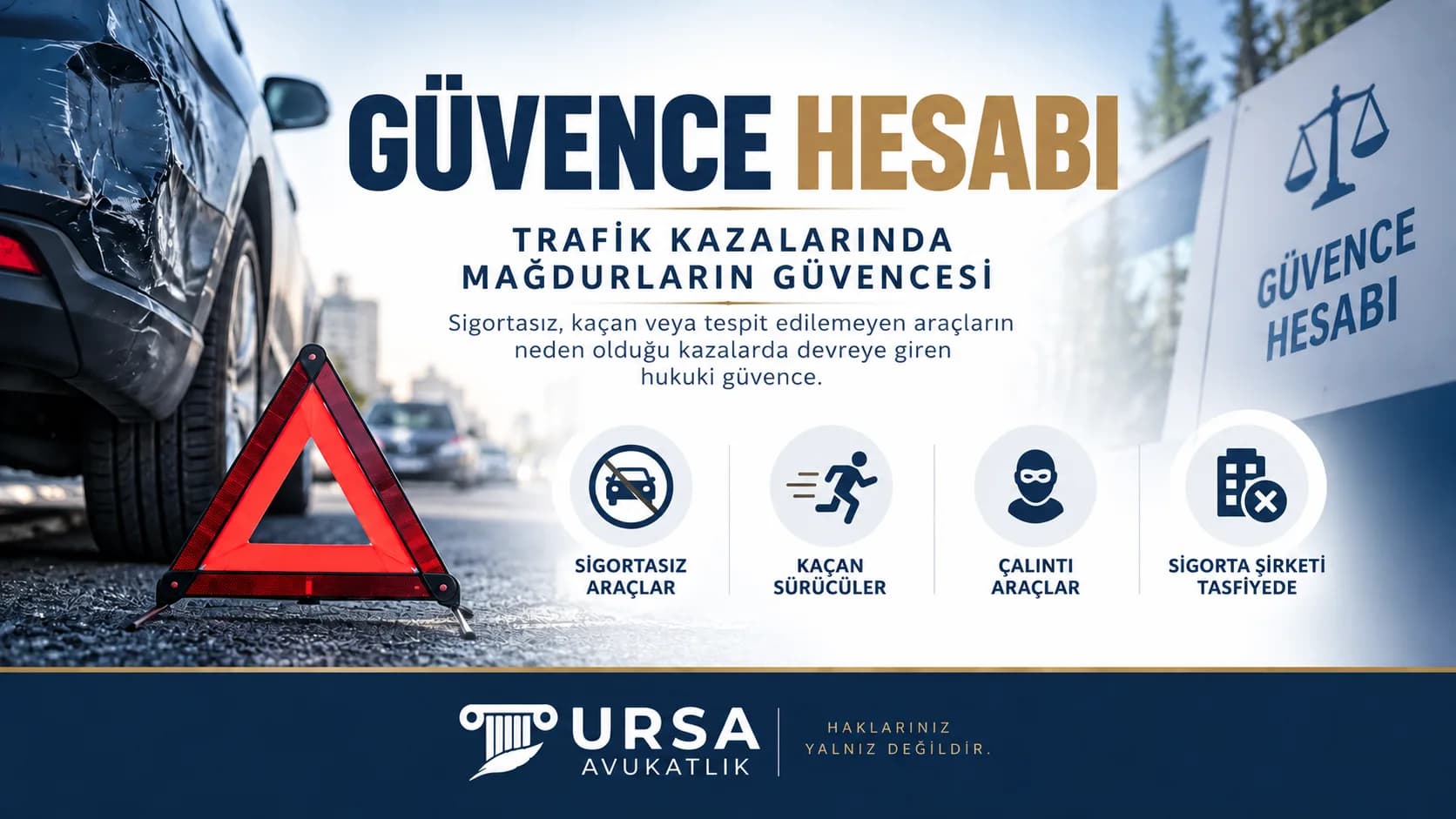 Güvence hesabı kapak görseli: hasarlı araç, reflektör ve sigortasız araç, kaçan sürücü, çalıntı araç, tasfiyedeki sigorta şirketi simgeleri