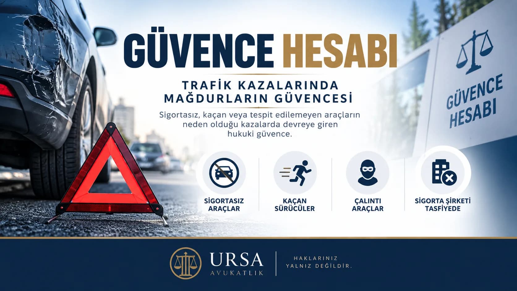 Güvence hesabı kapak görseli: hasarlı araç, reflektör ve sigortasız araç, kaçan sürücü, çalıntı araç, tasfiyedeki sigorta şirketi simgeleri