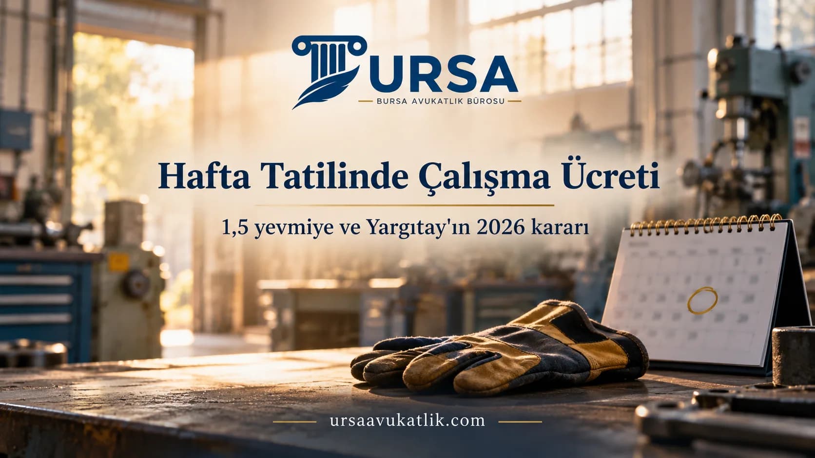 Boş atölyede iş eldivenleri ve işaretli takvim ile hafta tatilinde çalışma ücretini simgeleyen kapak görseli