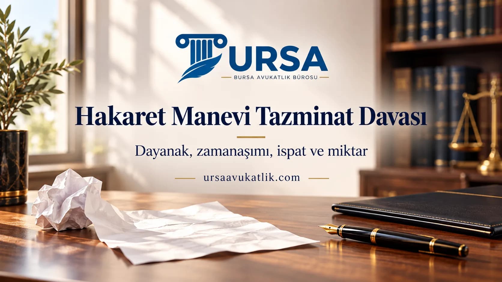 Masada buruşturulmuş kâğıt ve dolma kalem ile hakaret nedeniyle manevi tazminat davasını simgeleyen kapak görseli