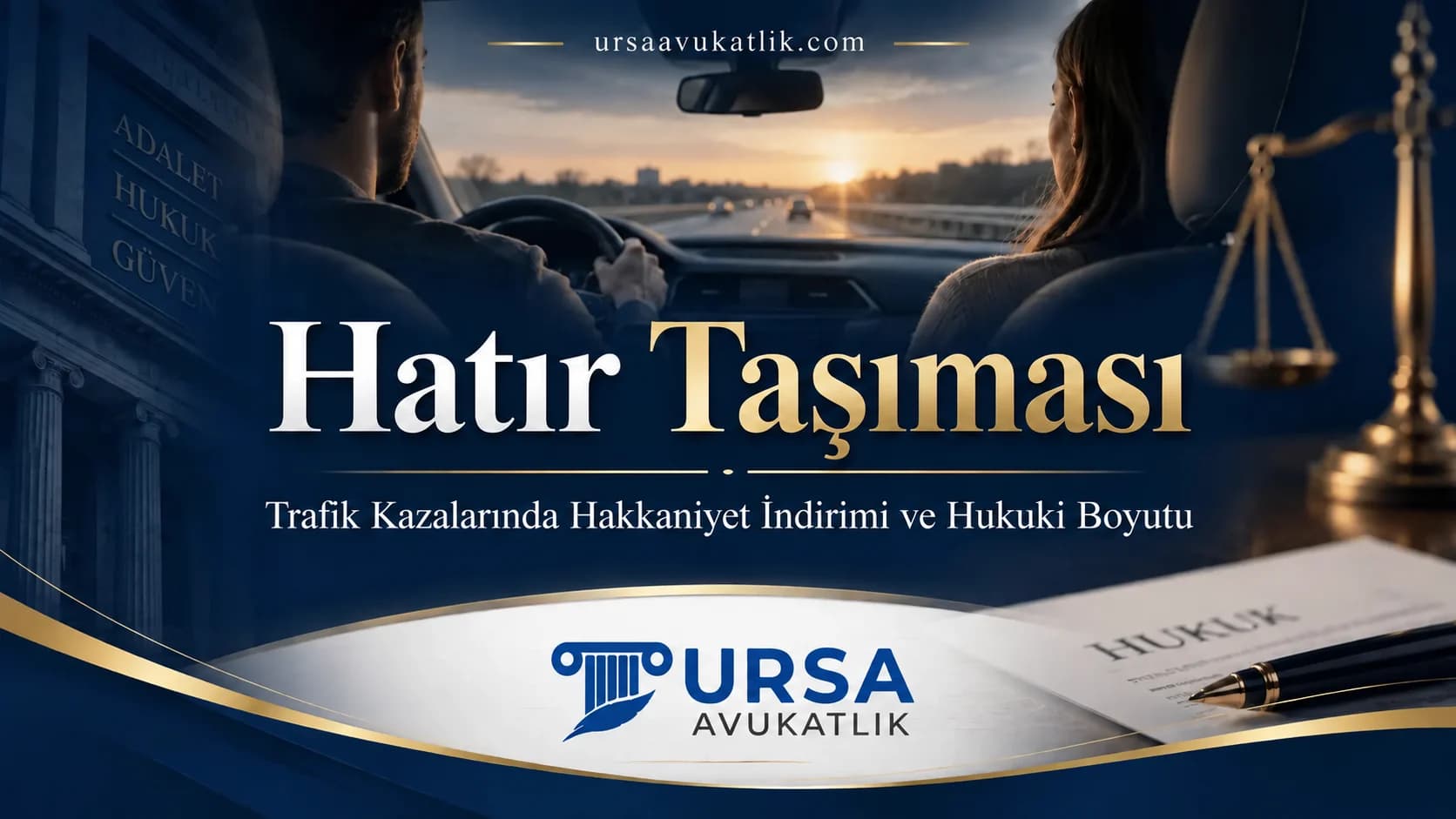 Hatır taşıması kapak görseli: aynı araçta yolculuk eden sürücü ve yolcu, adalet terazisi