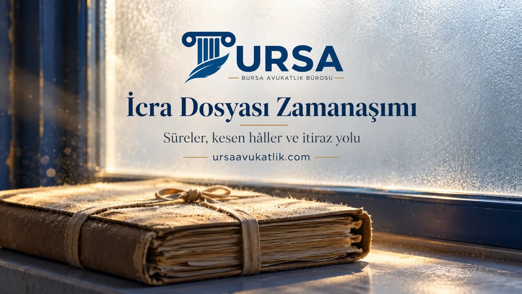 Pencere pervazında tozlanmış, bağlı bir karton dosya ile uzun süre işlem görmeyen icra dosyasında zamanaşımını simgeleyen kapak görseli