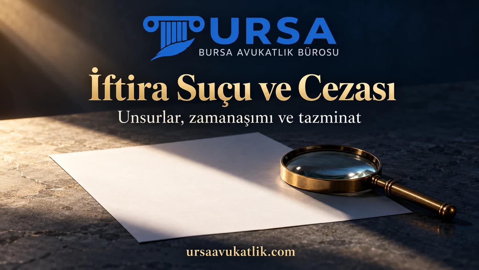 Yarısı gölgede kalan yazısız dilekçe sayfası ve üzerindeki büyüteç ile iftira suçunu simgeleyen kapak görseli