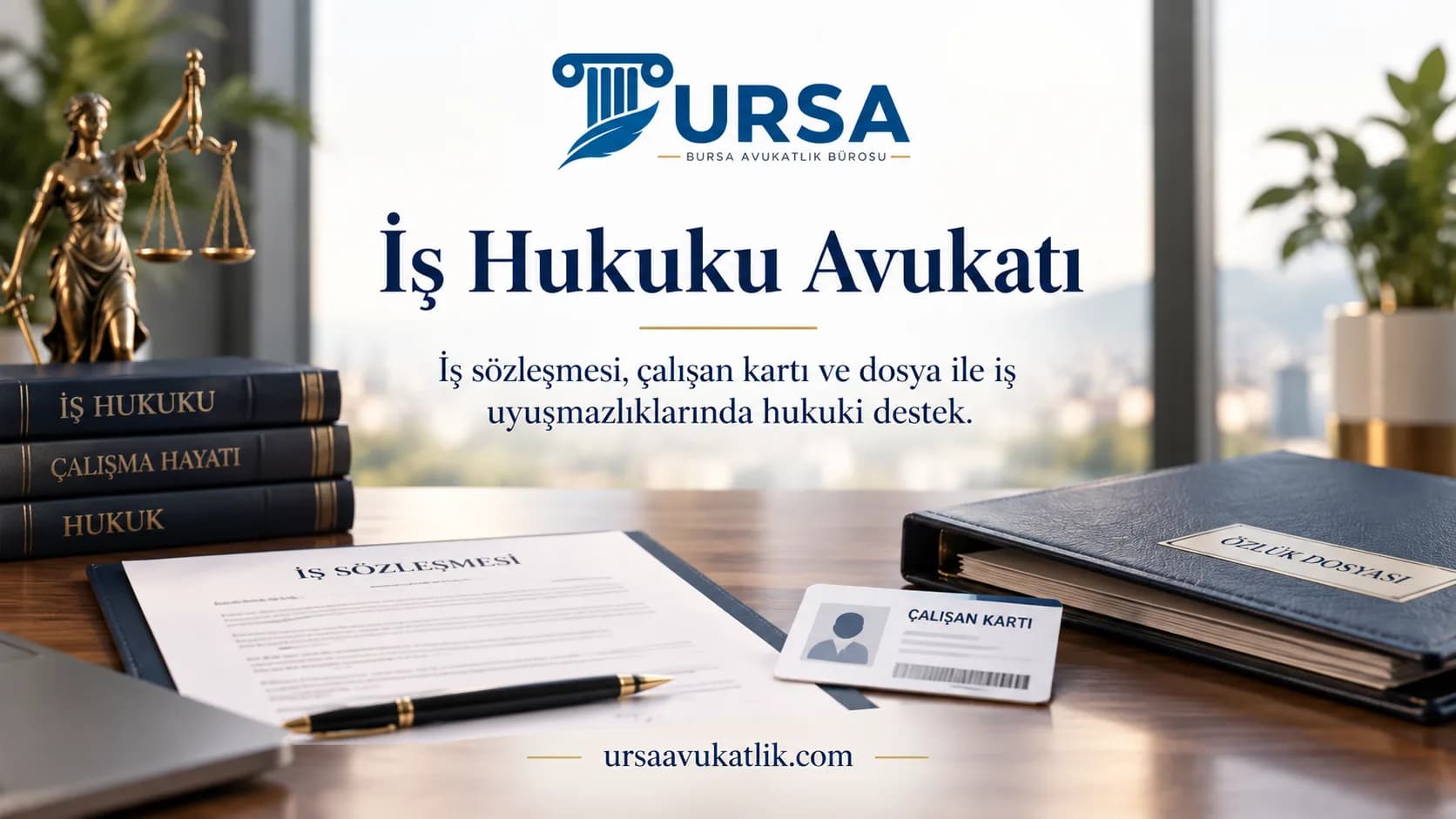 İş sözleşmesi ve çalışan kartı ile iş hukuku avukatlığı hizmetini simgeleyen kapak görseli