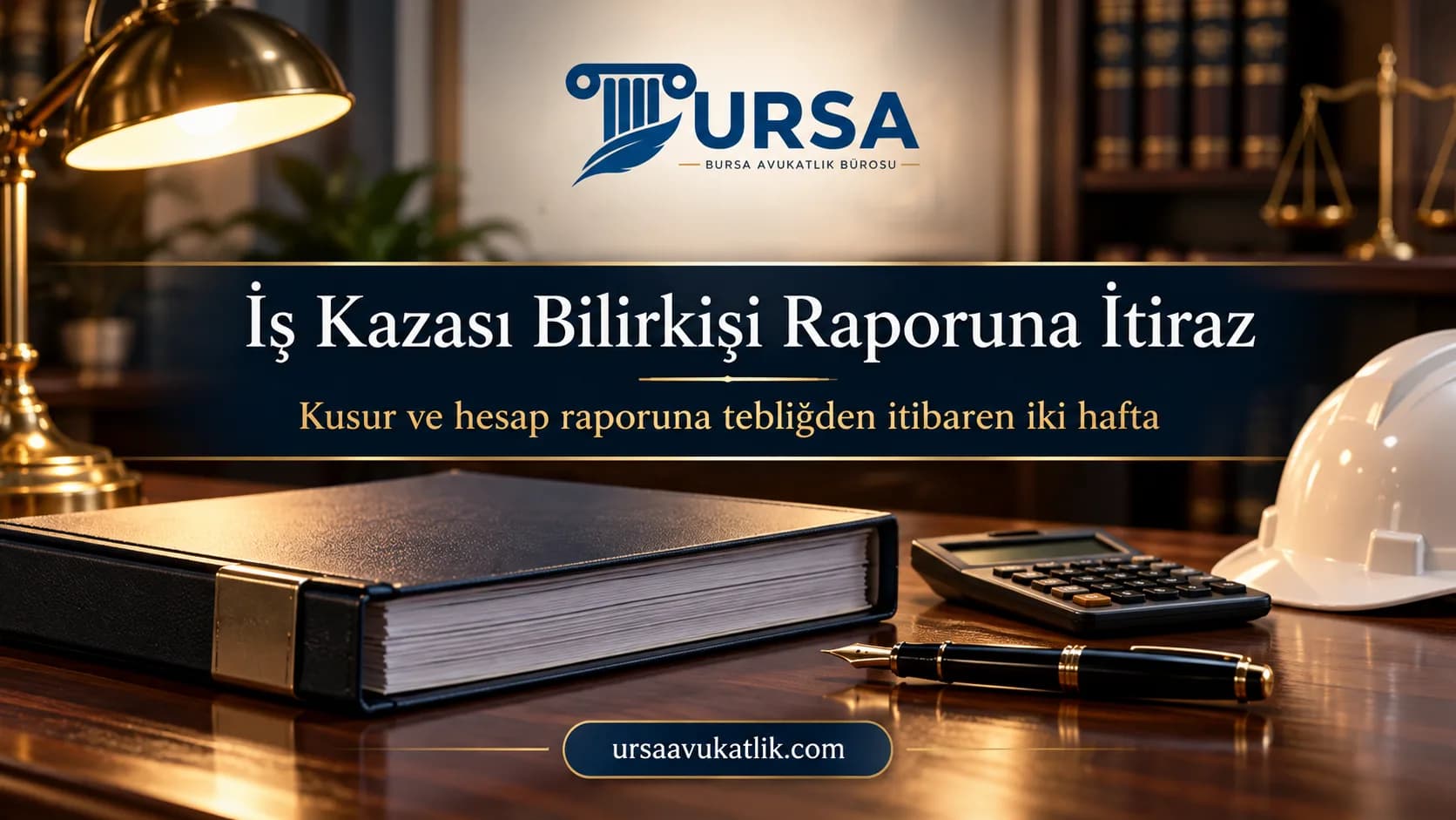 Kapalı rapor dosyası, hesap makinesi ve baret ile iş kazası bilirkişi raporuna itirazı simgeleyen kapak görseli