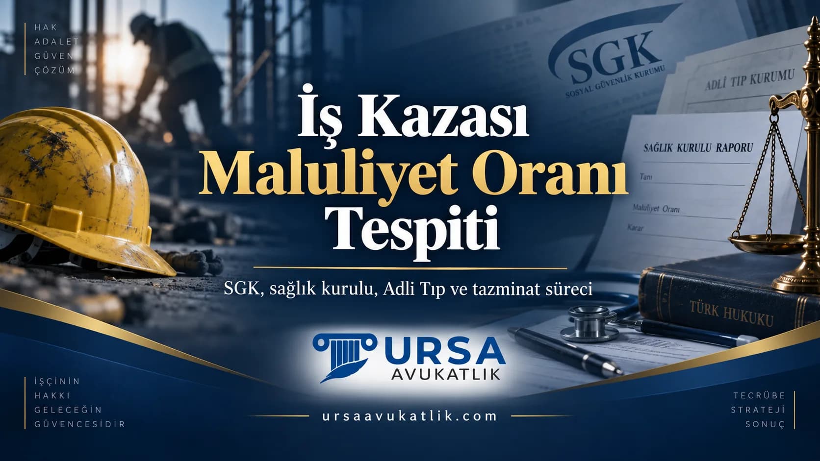 İş kazası maluliyet oranı tespiti kapak görseli: baret, sağlık kurulu raporu, SGK ve Adli Tıp belgeleri