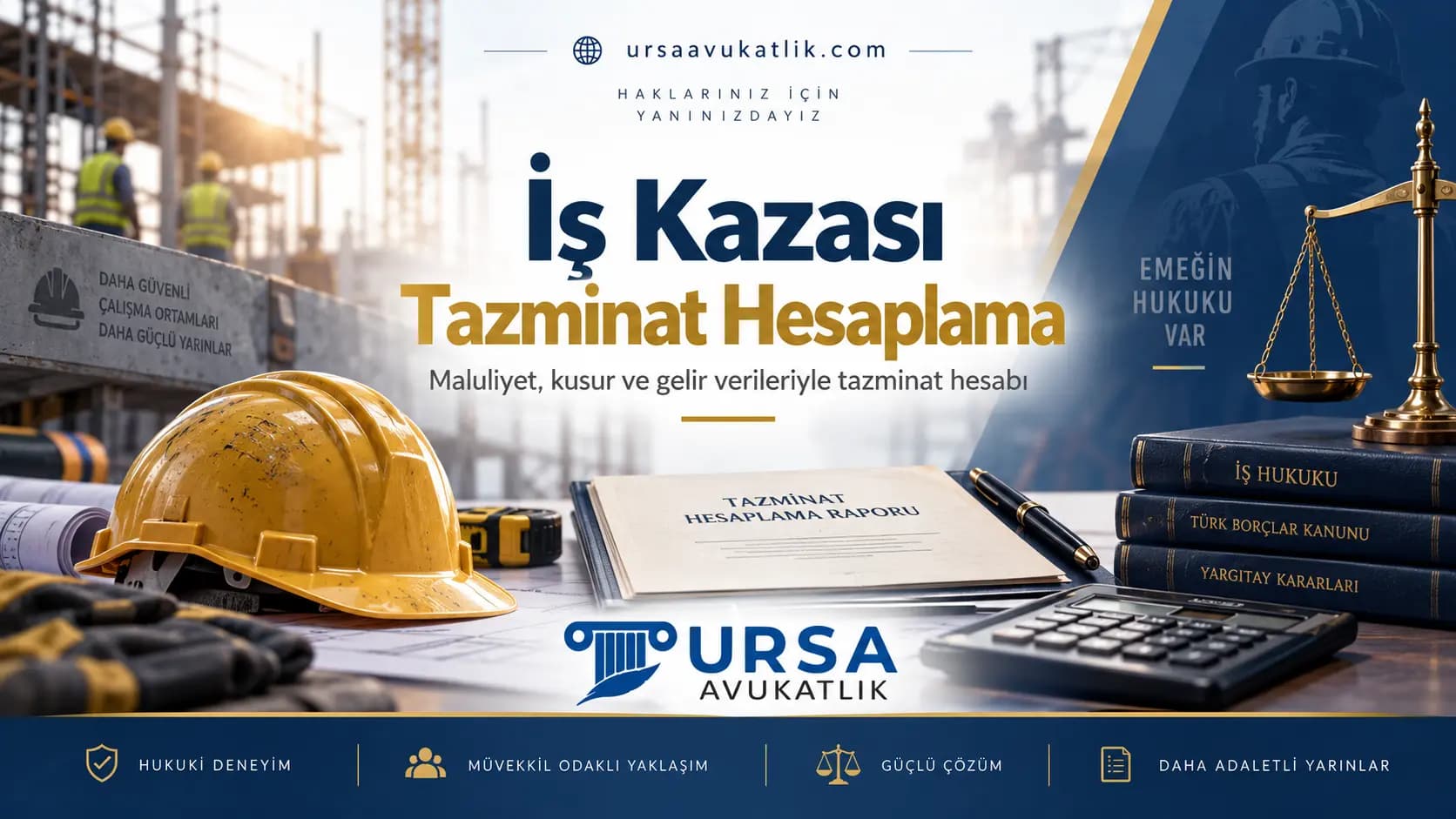 İş kazası tazminat hesaplama kapak görseli: şantiye, baret, tazminat hesaplama raporu ve iş hukuku kitapları