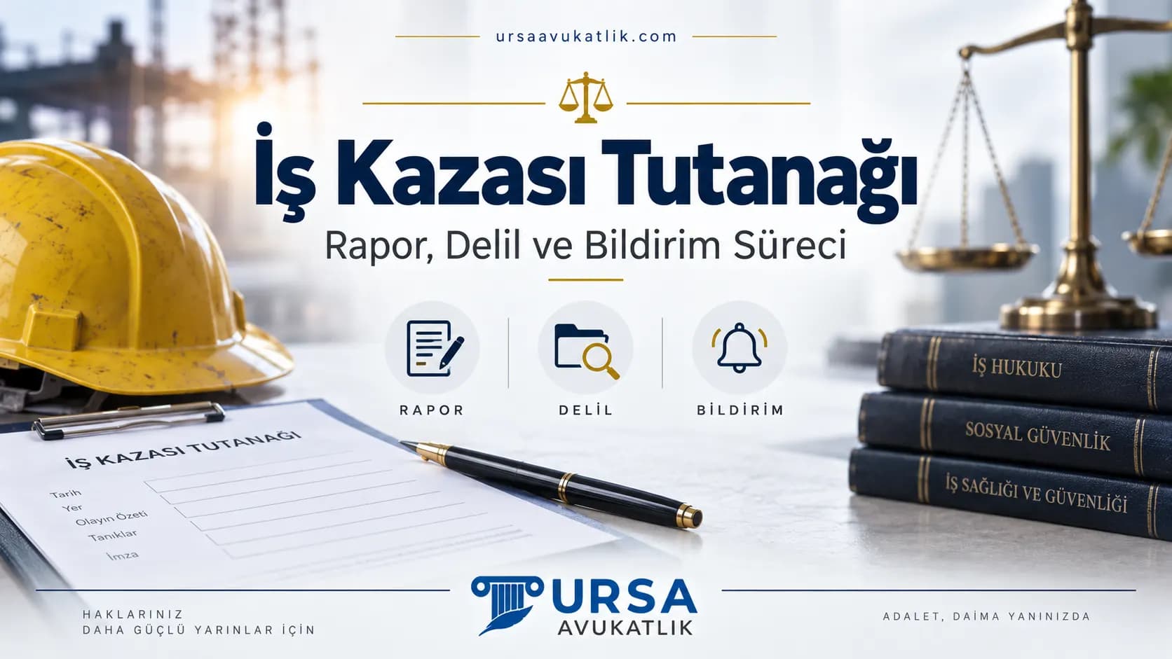 İş kazası tutanağı kapak görseli: baret, doldurulmamış tutanak formu ve hukuk kitapları