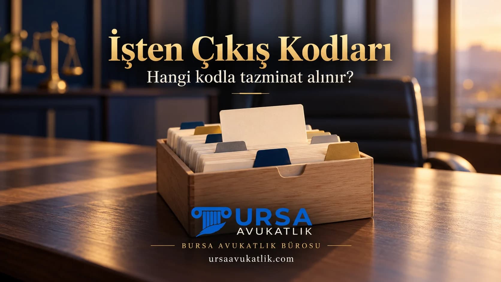 Boşaltılmış ofis masasında bir kartı yukarı çekilmiş ahşap kartoteks kutusu ile işten çıkış kodlarını simgeleyen kapak görseli