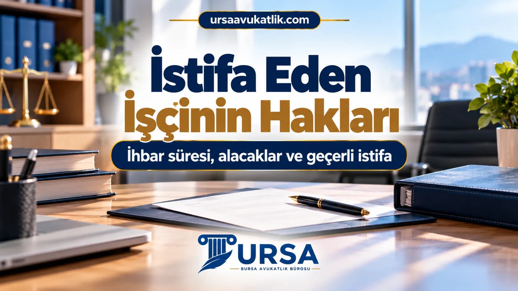 İstifa eden işçinin ihbar süresi, alacakları ve geçerli istifayı anlatan kapak: dilekçe ve kalem