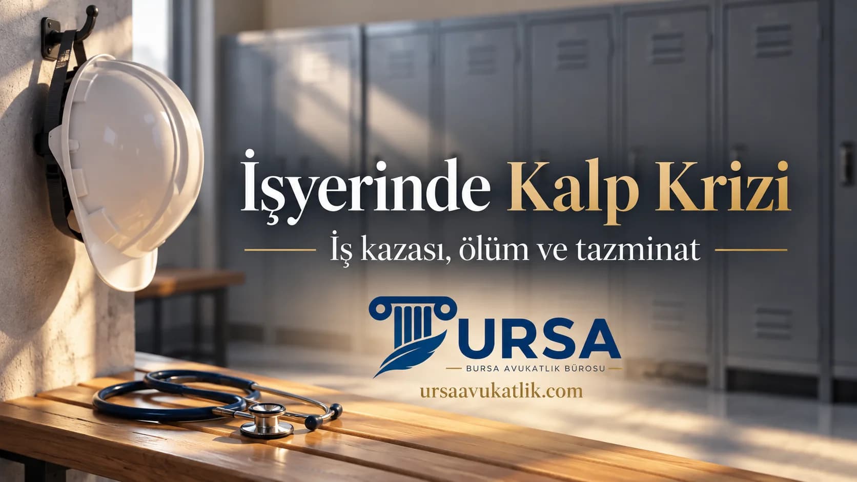 İşyeri soyunma odasında askıdaki baret ve bankın üzerindeki stetoskop ile işyerinde geçirilen kalp krizinin iş kazası sayılmasını simgeleyen kapak görseli