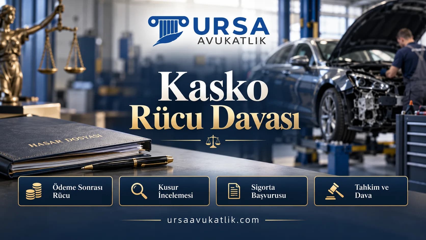 Serviste onarımdaki hasarlı araç ve hasar dosyası ile kasko rücu davasını simgeleyen kapak görseli