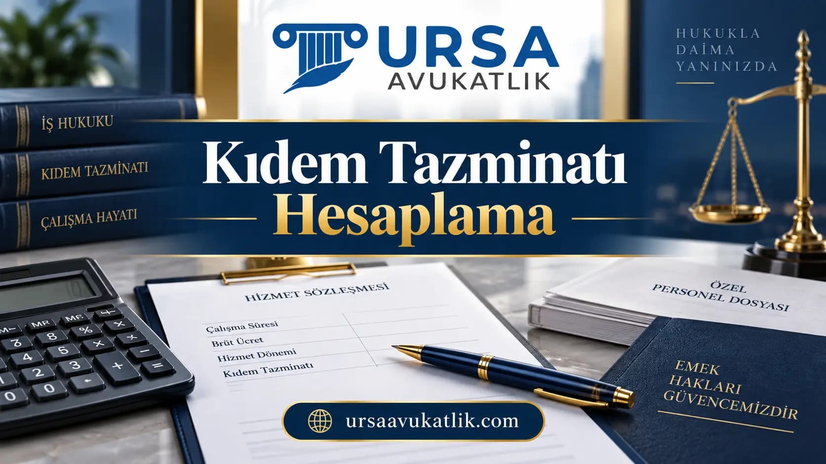 Hesap makinesi, hizmet sözleşmesi ve personel dosyasıyla kıdem tazminatı hesabını simgeleyen kapak görseli