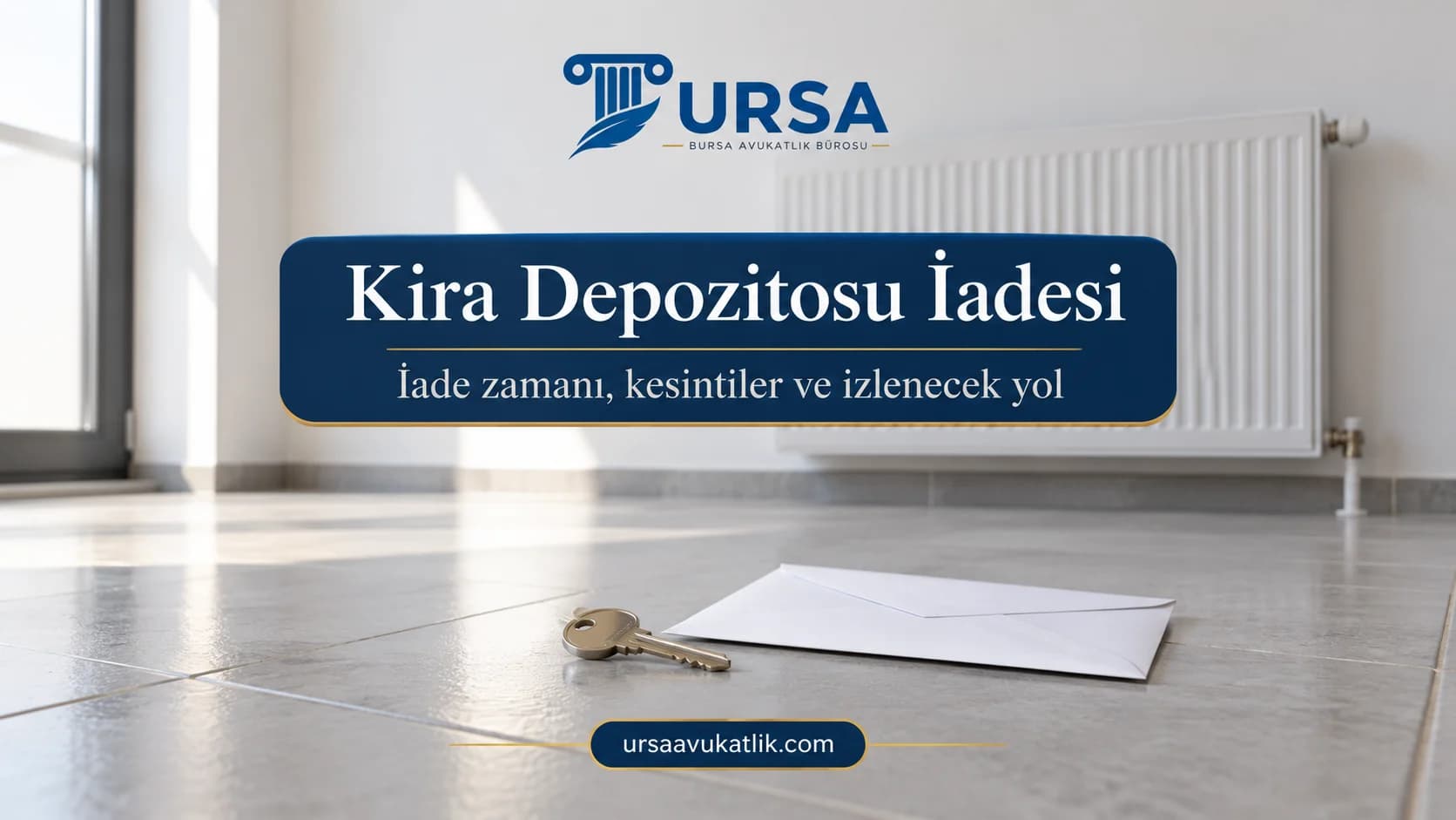 Boşaltılmış dairede kalorifer peteğinin önünde zeminde duran ev anahtarı ve kapalı zarf ile kira depozitosunun iadesini simgeleyen kapak görseli
