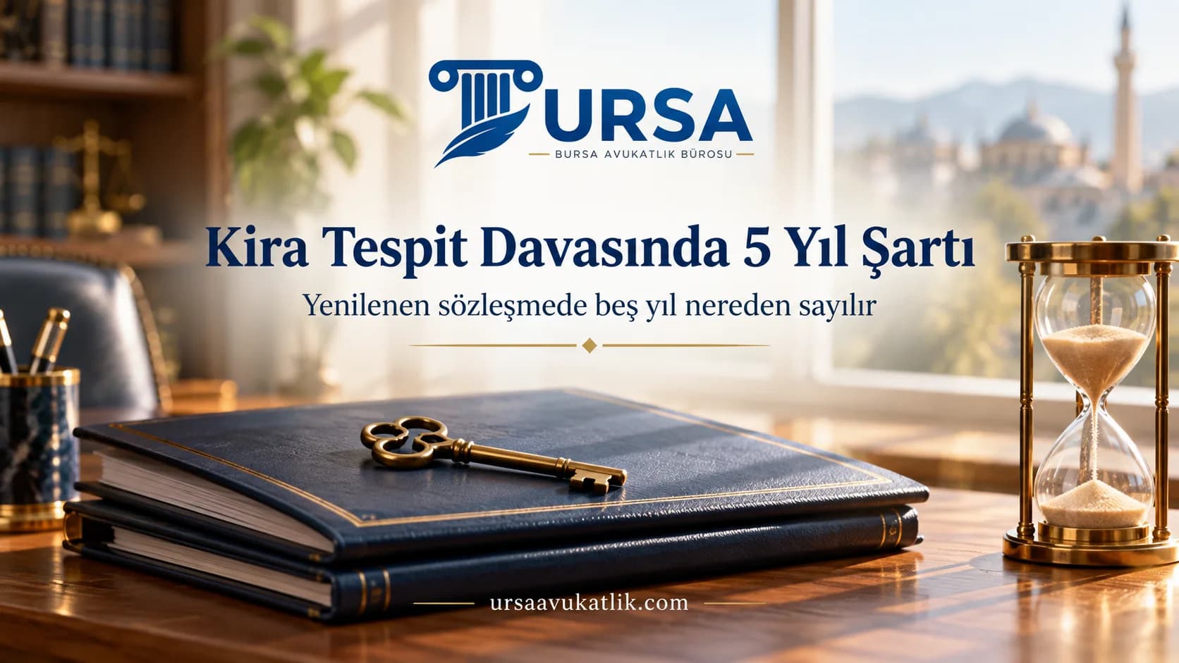 Üst üste iki sözleşme dosyası, anahtar ve kum saati ile kira tespit davasındaki beş yıl şartını simgeleyen kapak görseli