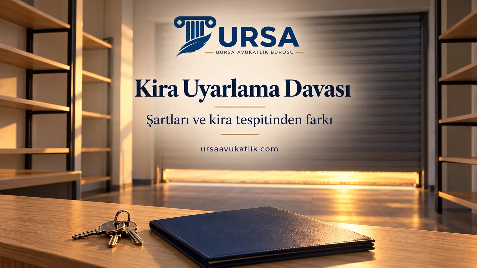 Yarı inik kepenkli boş bir işyerinde tezgâh üzerindeki anahtar demeti ve kapalı sözleşme dosyası ile kira uyarlama davasını simgeleyen kapak görseli