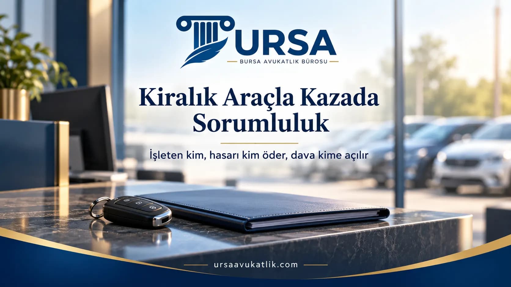 Kiralama tezgâhında araç anahtarı ve sözleşme dosyası ile kiralık araçla kazada sorumluluğu simgeleyen kapak görseli