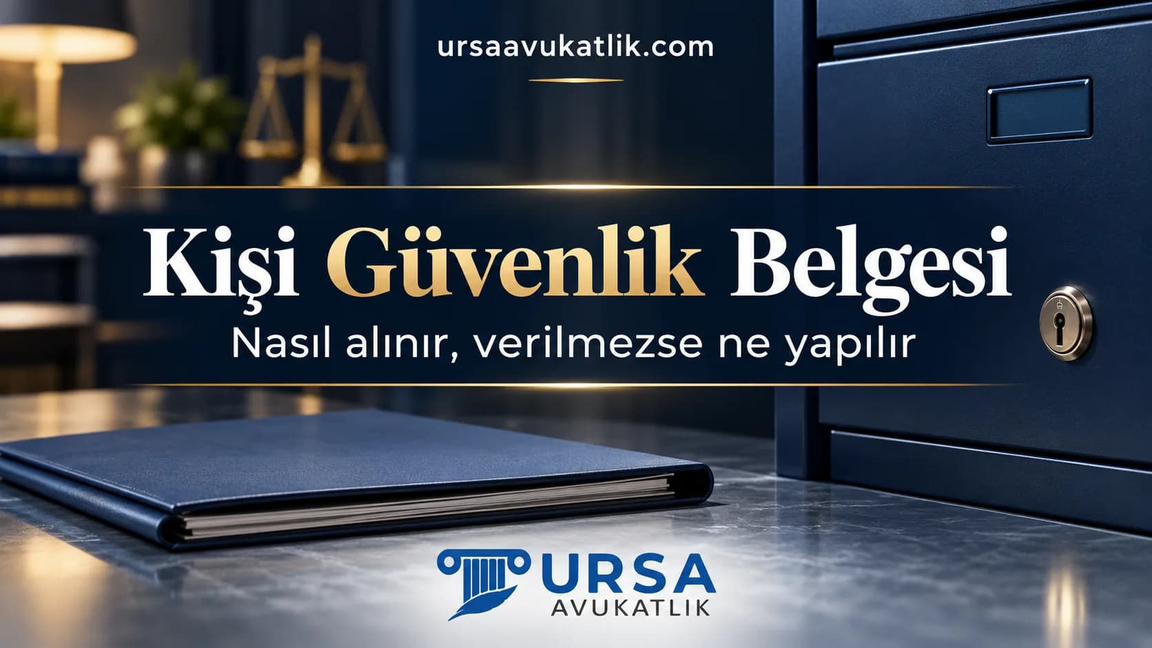 Kişi güvenlik belgesi konusunda masada kapalı dosya, adalet terazisi ve kilitli dolap