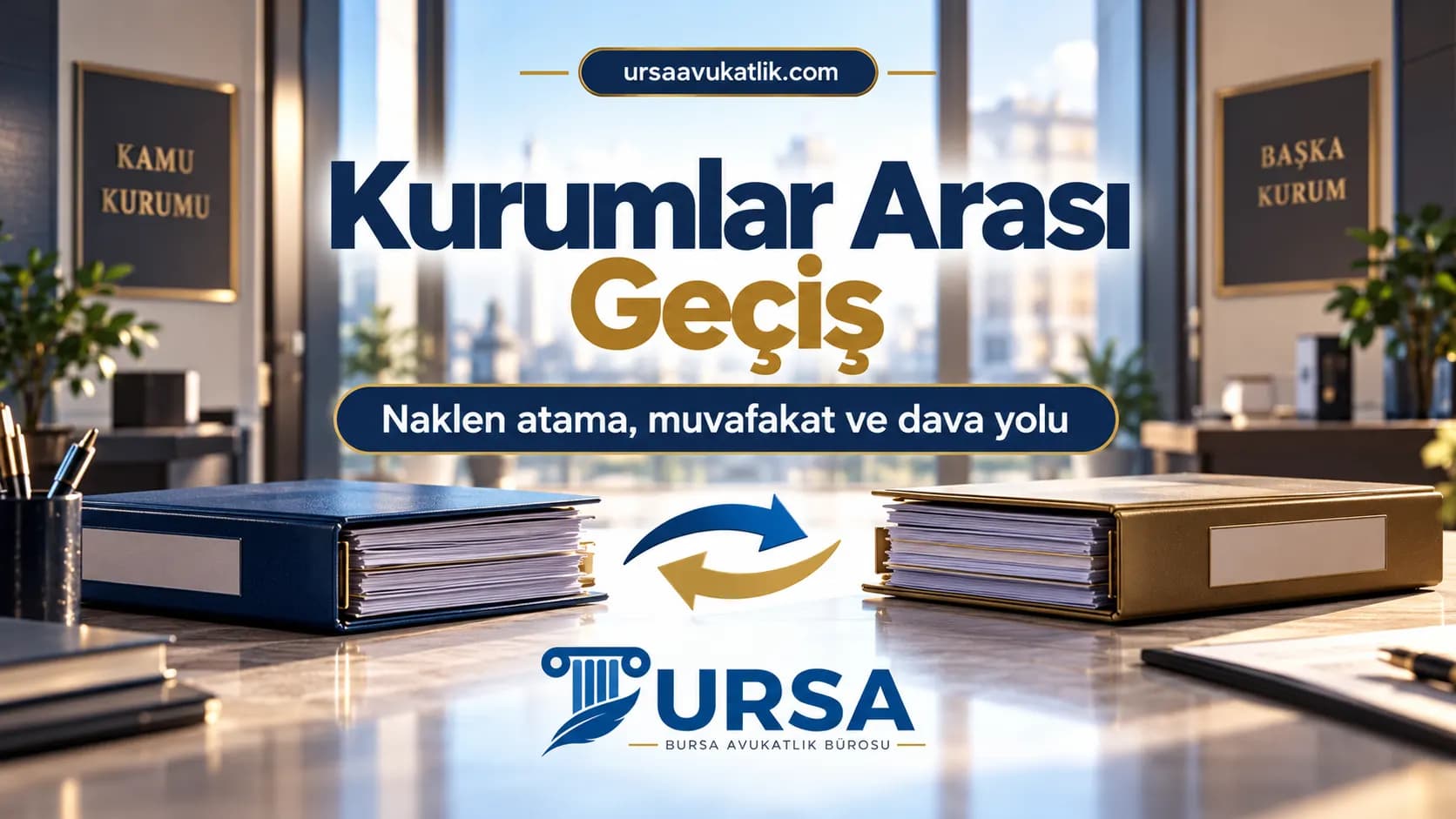 Memurların kamu kurumları arasında naklen atanmasını anlatan, iki dosya yığını ve değişim okları olan ofis