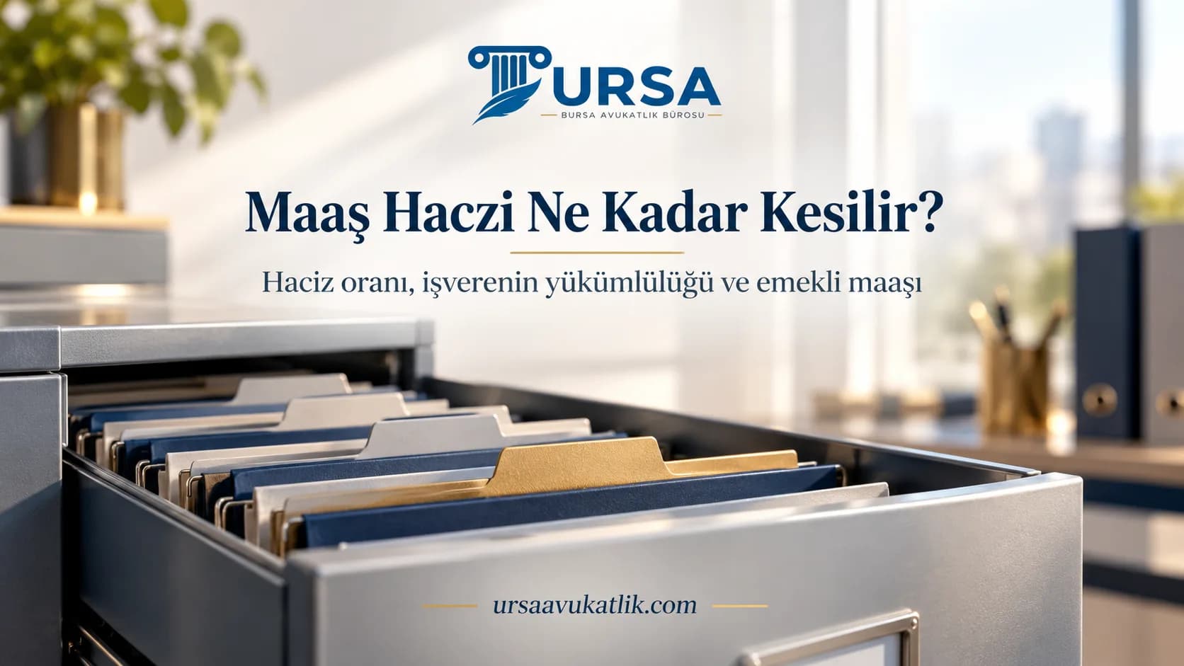 Yarı açık dosya dolabı çekmecesinde sıralanmış askılı dosyalar ile maaş haczinde kesinti oranını ve hacizlerin sırasını simgeleyen kapak görseli