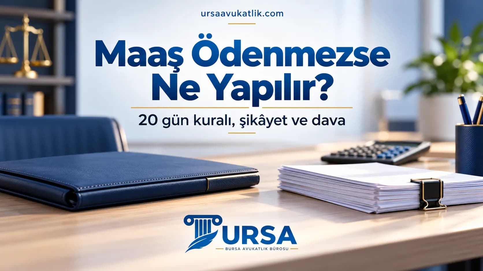 Maaş ödenmezse yirmi gün kuralı, şikâyet ve dava sürecini anlatan kapak: dosya ve evrak yığını