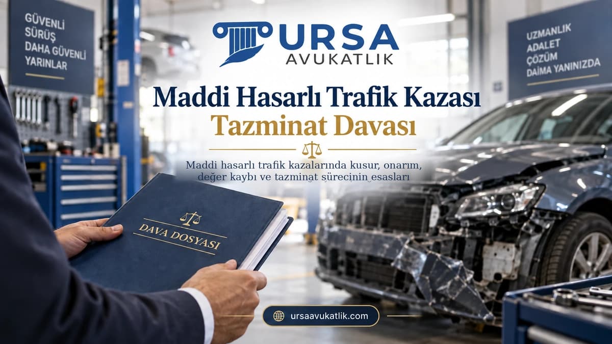 Maddi Hasarlı Trafik Kazası Tazminat Davası konusunu simgeleyen kapak görseli