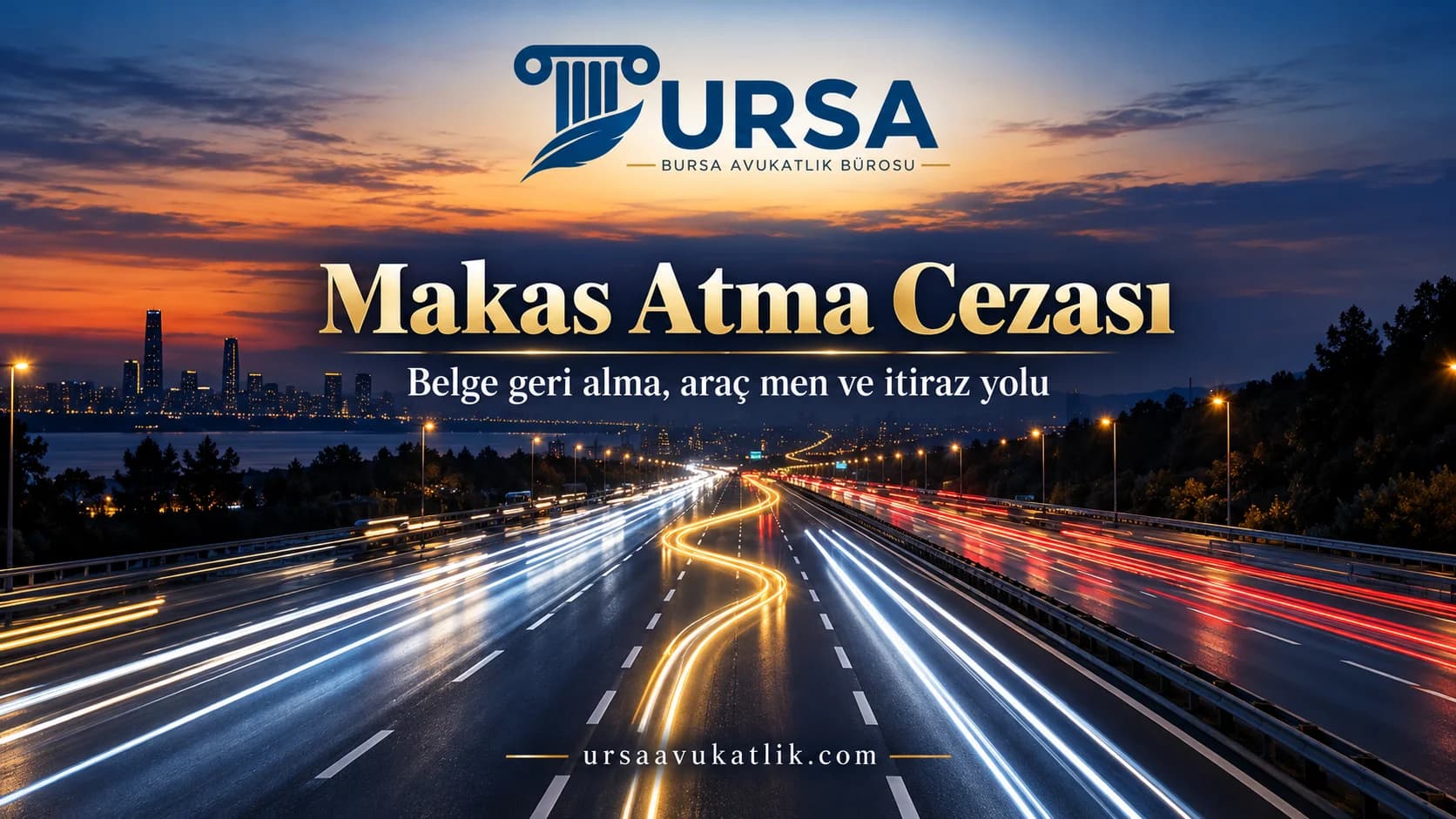 Alacakaranlıkta çok şeritli otoyolda şeritler arasında zikzak çizen far ışığı izi ile makas atma cezasını simgeleyen kapak görseli