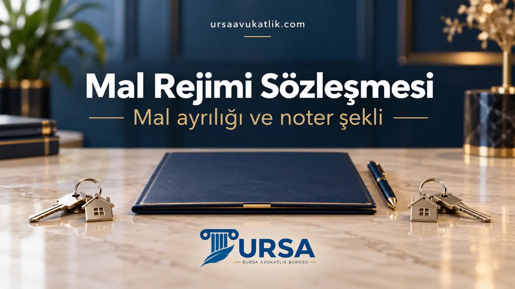 Mal rejimi sözleşmesi, mal ayrılığı ve noter şeklini anlatan dosya, kalem ve ev anahtarları