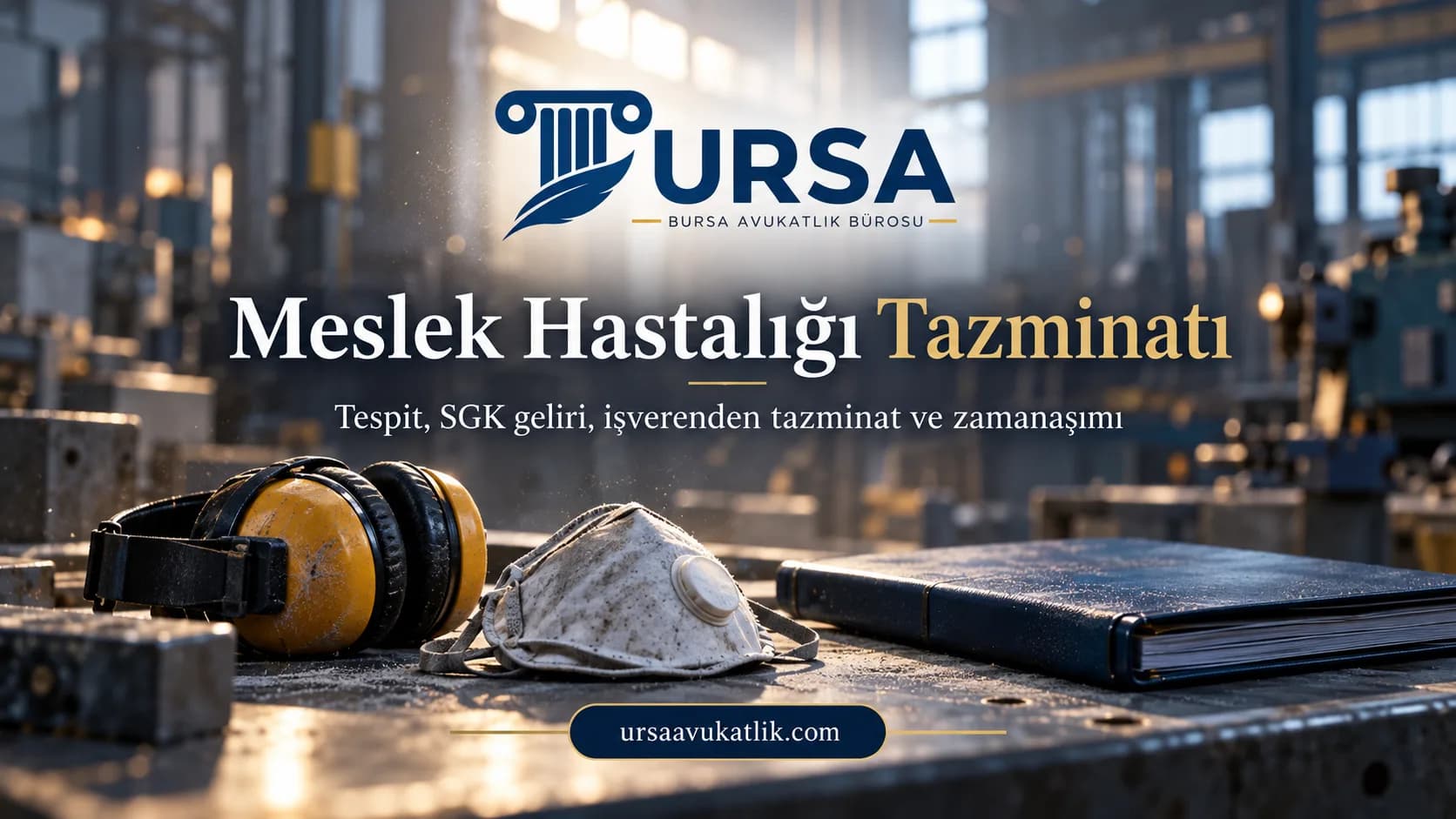 Atölye tezgâhında kulak koruyucu, toz maskesi ve tıbbi dosya ile meslek hastalığı tazminatını simgeleyen kapak görseli