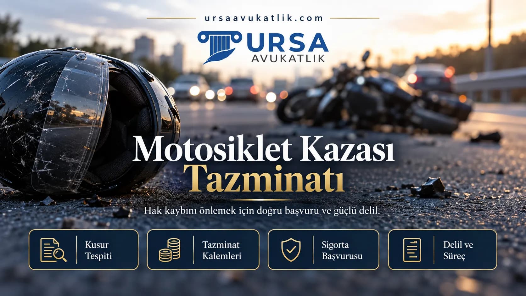 Yolda düşmüş motosiklet kaskı ile motosiklet kazası tazminatını simgeleyen kapak görseli