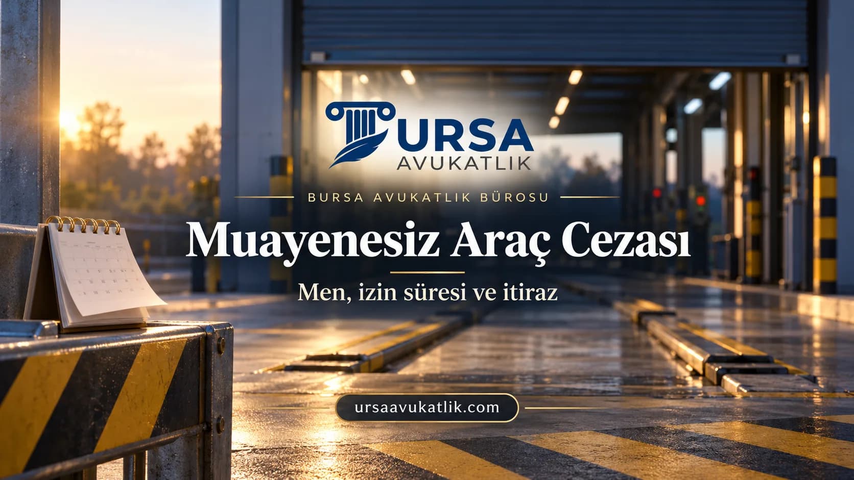 Boş bir araç muayene hattının girişinde zemin şeritleri ve korkuluğa iliştirilmiş takvim ile muayenesiz araç cezasını simgeleyen kapak görseli
