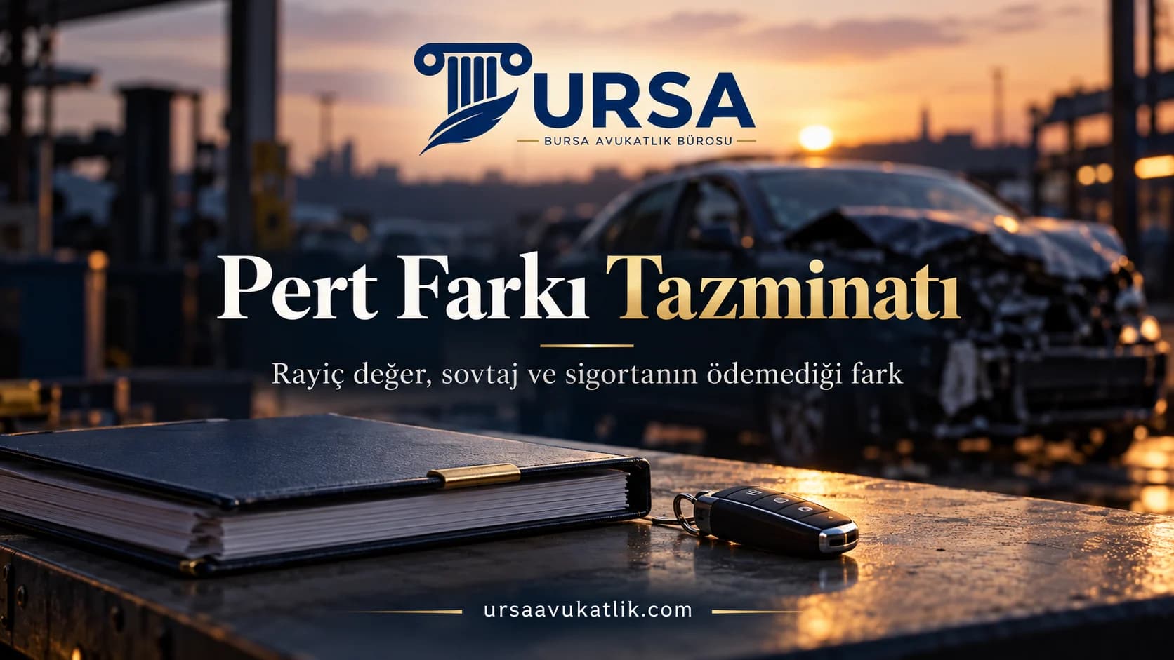 Hasarlı otomobil ve eksper klasörü ile pert araçta sigortanın ödemediği farkı simgeleyen kapak görseli