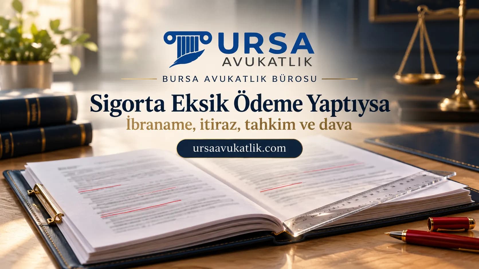 Masada açık hasar dosyası, cetvel ve kırmızı kalem ile sigorta şirketinin eksik ödemesinin kontrolünü simgeleyen kapak görseli