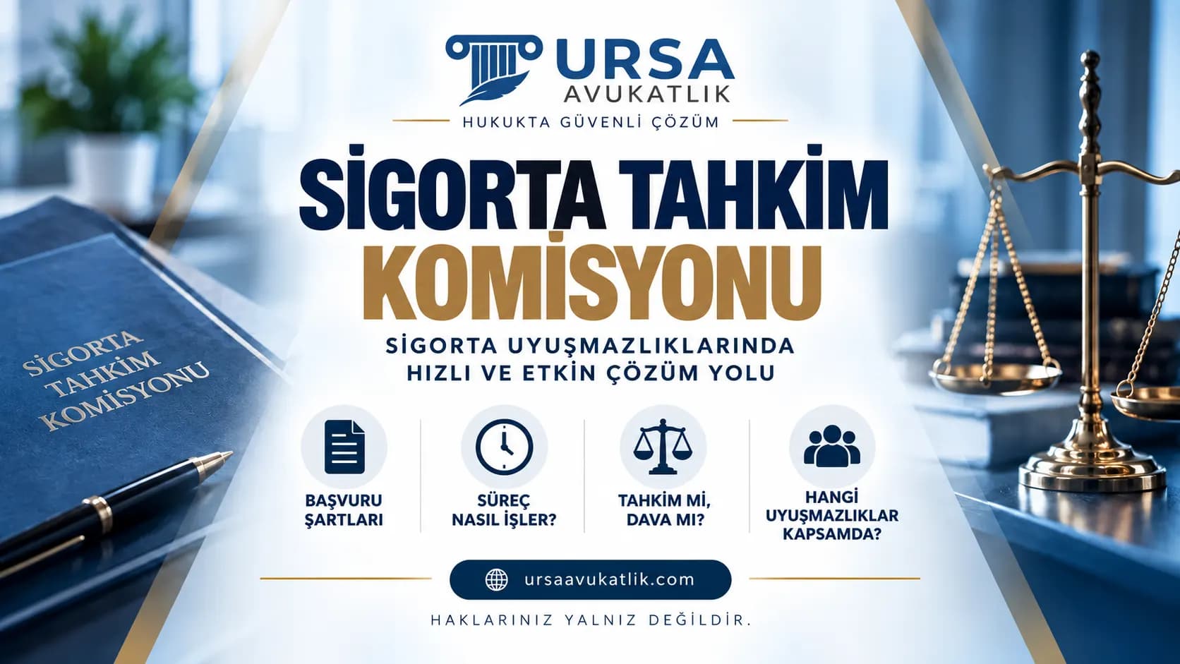 Sigorta tahkim komisyonu kapak görseli: başvuru şartları, süreç, tahkim ya da dava ve kapsam başlıkları