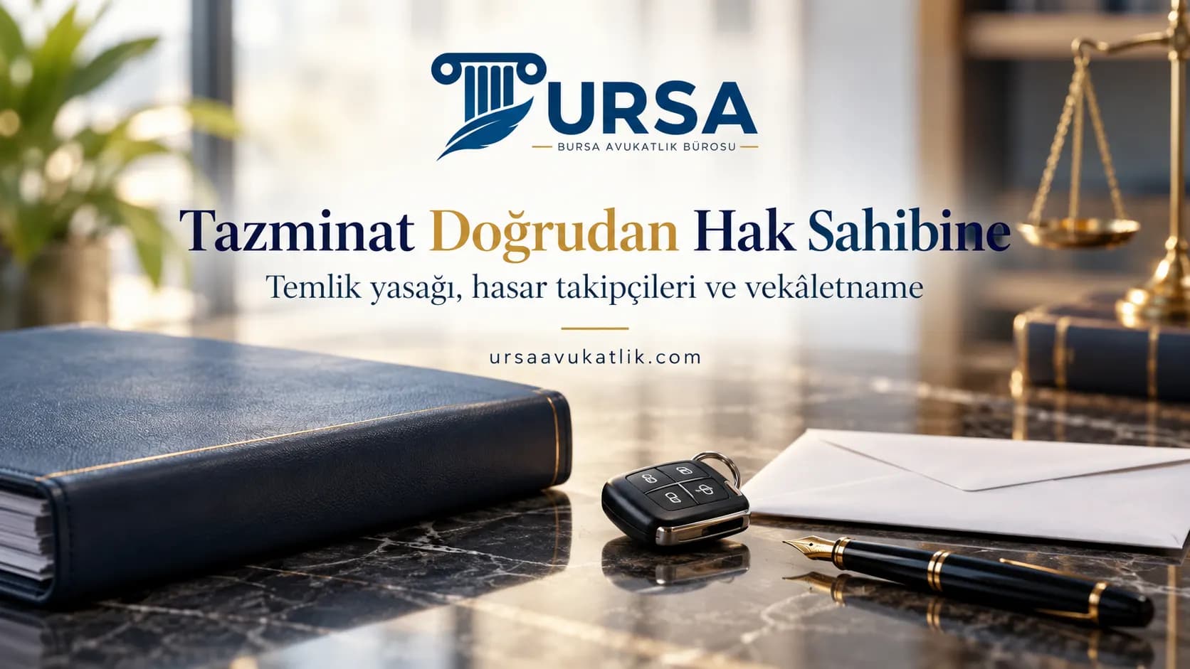 Dosya, zarf ve araç anahtarı ile sigorta tazminatının doğrudan hak sahibine ödenmesini simgeleyen kapak görseli